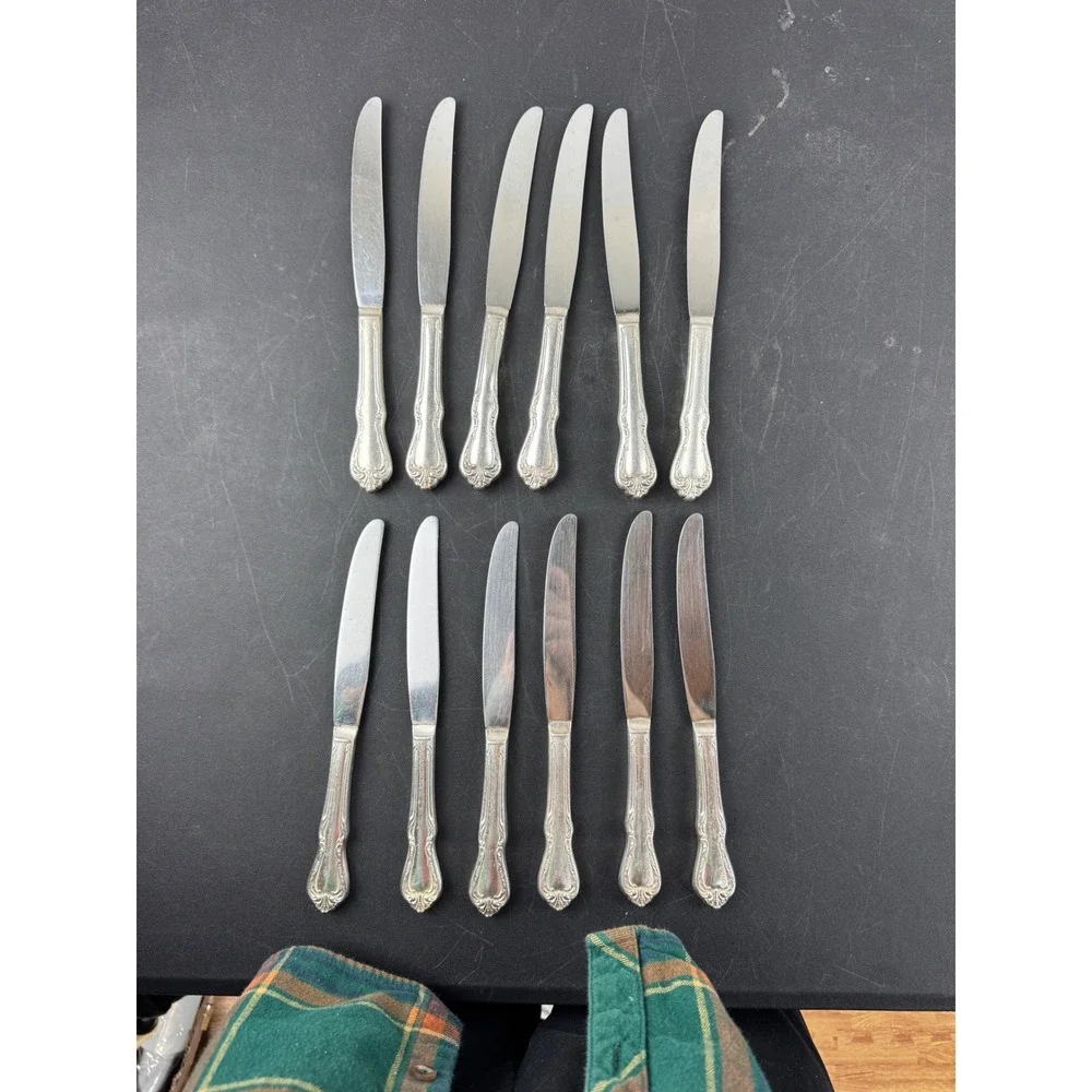Vintage 12 Silverplate Dinner Knives Ornate Scroll‎ Pattern Stainless Blade